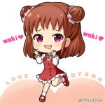  1girl :d bangs brown_hair commentary_request double_bun dress drooling groping_motion hair_ornament hair_scrunchie hands_up heart idolmaster idolmaster_cinderella_girls long_hair long_sleeves looking_at_viewer mary_janes miicha mouth_drool munakata_atsumi open_mouth pink_scrunchie red_dress red_footwear romaji_text scrunchie shirt shoes sleeveless sleeveless_dress smile socks solo standing standing_on_one_leg translation_request twitter_username violet_eyes white_background white_legwear white_shirt 