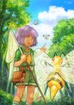  1boy :d aipom bangs beedrill belt bob_cut butterfly_net butterfree clouds collared_shirt commentary_request day eyebrows_visible_through_hair fon-due_(fonfon) gen_1_pokemon gen_2_pokemon green_shirt green_shorts hand_net holding_butterfly_net knees open_mouth outdoors pink_eyes pointing pokemon pokemon_(creature) pokemon_(game) pokemon_hgss purple_hair shirt short_sleeves shorts sky smile standing teeth tongue tree tsukushi_(pokemon) upper_teeth yellow_neckwear 
