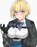  1girl aogisa bangs black_gloves black_jacket blonde_hair blue_eyes blue_neckwear blue_skirt blush breasts closed_mouth cuffs eyebrows_visible_through_hair girls_frontline gloves hair_ornament handcuffs highres holding jacket large_breasts long_sleeves mole mole_under_eye short_hair simple_background skirt snowflake_hair_ornament solo upper_body vsk-94_(girls_frontline) white_background 