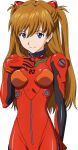  1girl absurdres anime_coloring bangs blue_eyes bodysuit breasts breasts_apart brown_hair closed_mouth dearigazu2001 eyebrows_visible_through_hair hair_between_eyes headgear highres long_hair neon_genesis_evangelion plugsuit red_bodysuit shiny shiny_clothes shiny_hair small_breasts smile solo souryuu_asuka_langley standing twintails very_long_hair 