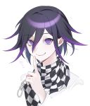  1boy absurdres bangs black_hair checkered checkered_scarf dangan_ronpa eyebrows_visible_through_hair face hair_between_eyes highres index_finger_raised jacket looking_at_viewer male_focus multicolored_hair new_dangan_ronpa_v3 ohisashiburi ouma_kokichi purple_hair scarf short_hair simple_background smile solo straitjacket two-tone_hair violet_eyes white_background white_jacket 