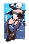  1girl absurdres angel_(kof) babo blue_eyes breasts chaps fingerless_gloves gloves highres jacket large_breasts midriff one_eye_covered short_hair solo the_king_of_fighters white_hair 