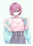  1girl absurdres alternate_costume bangs breasts collarbone commentary_request fate/grand_order fate_(series) flat_chest frown glasses hair_over_one_eye hands_up highres holding holding_clothes looking_at_viewer mash_kyrielight mr.doukotsu pale_skin purple_skirt shirt short_hair simple_background single_bare_shoulder skirt solo tank_top violet_eyes white_background white_shirt 