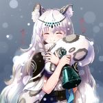  1girl animal_ear_fluff animal_ears arknights bell braid closed_eyes commentary leopard_ears leopard_tail long_hair nitchi pramanix_(arknights) silver_hair smile snow solo tail tail_hug upper_body very_long_hair 