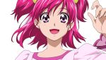  1girl :d anime_coloring bangs blush dearigazu2001 eyebrows_visible_through_hair floating_hair hair_between_eyes hair_ornament highres long_sleeves looking_at_viewer open_mouth pink_shirt portrait precure redhead shiny shiny_hair shirt short_hair simple_background smile solo two_side_up violet_eyes white_background yes!_precure_5 yumehara_nozomi 