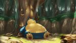  closed_mouth commentary_request fangs forest gen_1_pokemon grass highres light_beam lying nature no_humans on_back outdoors pokemon snorlax solo supearibu tree watermark 