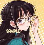  1girl adjusting_eyewear bangs black_hair blush brown-framed_eyewear cardigan commentary_request expressionless face glasses green_cardigan himawari-san himawari-san_(character) long_hair looking_at_viewer polka_dot polka_dot_background portrait sample solo sugano_manami violet_eyes yellow_background 