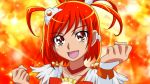  1girl :d anime_coloring bangs blurry blurry_background brown_eyes choker clenched_hands collarbone cure_sunny dearigazu2001 detached_sleeves eyebrows_visible_through_hair hair_between_eyes highres long_sleeves looking_at_viewer open_mouth orange_background orange_choker orange_hair portrait precure shiny shiny_hair short_hair smile smile_precure! solo white_sleeves 