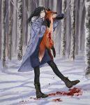  1girl am4_pm4 animal animal_ears black_hair blood blood_stain blue_eyes chainsaw_man coat dead_animal forest fox fox_ears fox_tail full_body gloves highres long_hair mole mole_under_eye mole_under_mouth nature pantyhose santa_claus_(chainsaw_man) smile snow solo tail tree winter winter_clothes winter_coat 