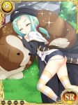  1girl artist_request ass black_coat black_headwear chinkyuu closed_eyes coat cutoffs denim denim_shorts dog green_hair hair_bobbles hair_ornament hairclip hat koihime_musou long_hair low_twintails lying lying_on_another on_side outdoors shirt short_shorts shorts sleeping striped striped_legwear thigh-highs thighs twintails white_shirt 