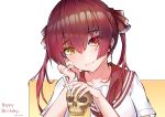  1girl absurdres bangs chin_rest collarbone cup drink drinking_straw hair_between_eyes hair_ribbon happy_birthday heterochromia highres hololive hongshao_tang_gua houshou_marine long_hair looking_at_viewer red_eyes red_ribbon red_sailor_collar redhead ribbon sailor_collar school_uniform shirt short_sleeves skull solo twintails virtual_youtuber white_shirt yellow_eyes 