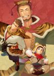  1boy animal_ears animal_print arm_guards baozi beard blue_eyes brown_footwear brown_hair butterfly_sitting commentary_request facial_hair food fur_trim green_tunic grin hand_on_hip hat highres itto_(mentaiko) male_focus sangokushi_puzzle_taisen scarf sitting smile standing sun_quan tiger tiger_ears tiger_print 