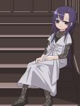  1girl black_footwear blush_stickers bodystocking closed_mouth dress empty_eyes goshiki_agiri grey_dress highres kill_me_baby long_dress long_hair long_sleeves nadegata purple_hair shoes short_sleeves sitting sitting_on_stairs solo stairs unmoving_pattern violet_eyes 