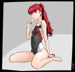  1girl bangs breasts eyebrows_visible_through_hair feet food hair_ornament ice_cream long_hair looking_at_viewer one-piece_swimsuit persona persona_5 persona_5_the_royal pinky_out ponytail popsicle red_eyes red_ribbon redhead ribbon sitting small_breasts swimsuit thighs toes wariza yagyugoro yoshizawa_kasumi 