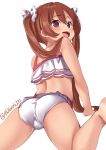  1girl :d ass back bikini blush brown_eyes brown_hair commentary_request ebifurya fang fang_out from_behind highres kantai_collection libeccio_(kantai_collection) long_hair looking_at_viewer looking_back open_mouth simple_background smile solo swimsuit twintails twitter_username white_background white_bikini 