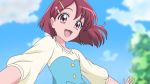  1girl :d anime_coloring bangs blue_sky blurry blurry_background brown_eyes brown_hair clouds day dearigazu2001 eyebrows_visible_through_hair floating_hair flower hair_flower hair_ornament hairclip hanadera_nodoka healin&#039;_good_precure highres long_sleeves open_mouth outdoors outstretched_arms precure shiny shiny_hair shirt short_hair sky smile solo upper_body white_shirt 