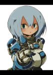  1girl :o big_hair blue_eyes blue_hair breasts cyborg finger_gun hair_between_eyes kuruton486 large_breasts mechanical_arms no_eyebrows open_mouth original pointing pointing_at_viewer solo 