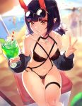  1girl absurdres bangs bare_shoulders bikini black_bikini blush breasts collarbone cup drinking_glass eyeliner fate/grand_order fate_(series) grin highres horns looking_at_viewer low_twintails makeup okoru_ringo oni oni_horns orange_eyes pointy_ears purple_hair short_hair short_twintails shuten_douji_(fate/grand_order) skin-covered_horns small_breasts smile sunglasses swimsuit twintails 