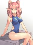 1girl bare_arms bare_legs bare_shoulders blue_swimsuit braid breasts closed_mouth competition_swimsuit covered_navel elf green_eyes highres long_hair looking_at_viewer medium_breasts one-piece_swimsuit original perky_breasts pink_hair pointy_ears sitting smile solo swimsuit twin_braids vins-mousseux 