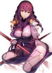  1girl armor bangs bodysuit breasts commentary_request eyebrows_visible_through_hair fate/grand_order fate_(series) hair_between_eyes highres holding holding_spear holding_weapon large_breasts long_hair looking_at_viewer parted_lips pauldrons polearm purple_bodysuit purple_hair red_eyes ririko_(zhuoyandesailaer) scathach_(fate)_(all) scathach_(fate/grand_order) seiza shoulder_armor sidelocks simple_background sitting solo spear veil weapon white_background 