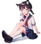  1girl :d absurdres animal_ear_fluff animal_ears arm_support artist_name azit_(down) bangs black_footwear black_hair blue_eyes blue_sailor_collar blue_skirt blush braid cat_ears commentary_request eyebrows_visible_through_hair fang hand_up highres kneehighs long_hair low_twintails neckerchief open_mouth original pleated_skirt red_neckwear sailor_collar school_uniform serafuku shadow shirt shoe_soles shoes short_sleeves signature skirt smile solo twin_braids twintails white_background white_legwear white_shirt 