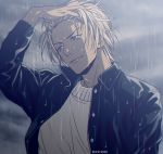  1boy amuro_tooru arm_up black_jacket blonde_hair blue_eyes closed_mouth clouds cloudy_sky commentary_request dark_skin dark_skinned_male dripping hand_in_hair jacket looking_to_the_side mashima_shima meitantei_conan open_clothes open_jacket outdoors rain sky smile solo sweater twitter_username upper_body water_drop wet wet_clothes wet_hair wet_jacket white_sweater 