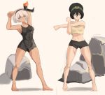  2girls ass_visible_through_thighs avatar:_the_last_airbender avatar_(series) barefoot black_hair bodysuit boulder breasts character_request crop_top hair_between_eyes highres medium_breasts multiple_girls muscle muscular_female navel one_eye_closed pokemon pokemon_(game) pokemon_swsh rakeem_garcia-cueto saitou_(pokemon) sketch small_breasts stretch tan toph_bei_fong white_background yellow_eyes 