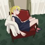  1girl armchair black_dress blonde_hair blush_stickers chair closed_eyes closed_mouth curtains dress from_side highres jacket jacket_removed kill_me_baby long_hair looking_at_viewer nadegata short_dress sitting sitting_sideways solo sonya_(kill_me_baby) twintails violet_eyes 