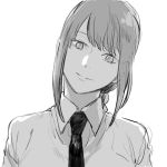  1girl bangs black_neckwear braid braided_ponytail business_suit chainsaw_man collared_shirt eyebrows_visible_through_hair formal head_tilt light_smile long_hair looking_at_viewer makima_(chainsaw_man) monochrome necktie ringed_eyes shirt smile suit tatami_ja white_background white_shirt 