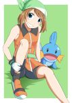  1girl absurdres bangs bike_shorts black_shorts blue_eyes blush brown_hair eyebrows_visible_through_hair gen_3_pokemon gloves green_background grin haruka_(pokemon) head_tilt highres looking_at_viewer mudkip negimiso1989 orange_footwear orange_shirt pokemon pokemon_(creature) pokemon_(game) pokemon_rse shiny shiny_hair shirt short_hair short_shorts shorts sitting sleeveless sleeveless_shirt smile solo starter_pokemon swept_bangs two-tone_background white_background white_gloves 