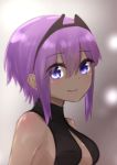  1girl bangs bare_shoulders black_bodysuit bodysuit breasts closed_mouth dark_skin eyebrows_visible_through_hair fate/prototype fate/prototype:_fragments_of_blue_and_silver fate_(series) hair_between_eyes hassan_of_serenity_(fate) highres i.u.y purple_hair short_hair sidelocks small_breasts smile solo upper_body violet_eyes 