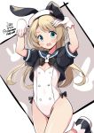  1girl :d adapted_costume animal_ears bare_legs black_footwear blonde_hair blue_eyes blue_sailor_collar blush bunny_pose bunnysuit dated eyebrows_visible_through_hair fake_animal_ears gloves jervis_(kantai_collection) kantai_collection leotard long_hair odawara_hakone open_mouth rabbit_ears sailor_collar shoes short_sleeves smile solo twitter_username white_gloves white_leotard 