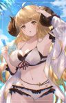  1girl :o ahoge anila_(granblue_fantasy) bikini blonde_hair breasts commentary_request draph food front-tie_top granblue_fantasy highres horns kiri_ph large_breasts long_hair popsicle sheep_horns short_eyebrows solo swimsuit white_bikini yellow_eyes 