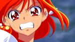  1girl anime_coloring bangs blurry blurry_background bruise_on_face clenched_teeth cure_sunny dearigazu2001 eyebrows_visible_through_hair floating_hair hair_between_eyes highres looking_at_viewer orange_hair portrait precure red_eyes shiny shiny_hair short_hair smile_precure! solo teeth v-shaped_eyebrows 