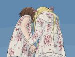  2girls blonde_hair blue_background bow brown_hair dress floral_print from_behind hair_bow highres hood hood_down kill_me_baby leaning_forward long_hair multiple_girls nadegata oribe_yasuna pink_bow short_hair simple_background sonya_(kill_me_baby) twintails white_dress white_hoodie 