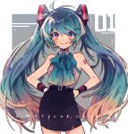  1girl alternate_costume blue_bow blue_hair bow bracelet character_name commentary copyright_name cowlick hands_on_hips hatsune_miku headset highres jewelry kouhara_yuyu pencil_skirt skirt smile solo twintails violet_eyes vocaloid 