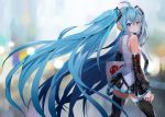  1girl bag bangs bare_shoulders black_legwear black_skirt blue_eyes blue_hair blurry blurry_background cellphone closed_mouth commentary depth_of_field detached_sleeves english_commentary eyebrows_visible_through_hair grey_shirt hatsune_miku headphones holding holding_bag holding_phone long_hair long_sleeves looking_at_viewer looking_to_the_side miniskirt phone pleated_skirt shirt skirt smartphone solo takepon1123 thigh-highs twintails very_long_hair vocaloid zettai_ryouiki 