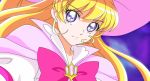  1girl anime_coloring bangs blonde_hair cape closed_mouth cure_miracle dearigazu2001 earrings eyebrows_visible_through_hair floating_hair hair_between_eyes highres jewelry long_hair mahou_girls_precure! pink_cape pink_headwear pink_neckwear portrait precure shiny shiny_hair shirt solo violet_eyes white_shirt 