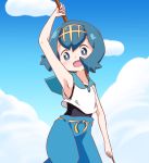  1girl :d arm_up armpits bangs blue_eyes blue_hair blue_pants blue_sailor_collar blush clouds collarbone commentary_request covered_navel day eyebrows_visible_through_hair gold_hairband hairband happy holding looking_at_viewer no_sclera one-piece_swimsuit open_mouth owlz pants pokemon pokemon_(game) pokemon_sm sailor_collar shirt short_hair sky sleeveless smile solo suiren_(pokemon) swimsuit swimsuit_under_clothes trial_captain 
