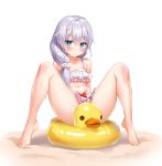  1girl absurdres bangs bare_shoulders bikini blue_eyes blush character_request closed_mouth collarbone duck_innertube eyebrows_visible_through_hair frilled_bikini frills front_ponytail hair_between_eyes highres honkai_(series) innertube long_hair looking_at_viewer navel sand silver_hair sitting sitting_on_object solo spread_legs stomach swimsuit white_background zihn 
