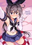  1girl akebono_(kantai_collection) armpits bed_sheet black_neckwear black_panties blue_sailor_collar blue_skirt blush collarbone cosplay crop_top dated elbow_gloves eyebrows_visible_through_hair flower gloves hair_between_eyes hair_flower hair_ornament highleg highleg_panties kantai_collection long_hair miniskirt navel neckerchief odawara_hakone panties pink_flower pleated_skirt purple_hair sailor_collar shimakaze_(kantai_collection) shimakaze_(kantai_collection)_(cosplay) side_ponytail skirt sleeveless solo striped striped_legwear thigh-highs twitter_username underwear v violet_eyes white_gloves 