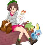  1girl :d bag bangs betuni boots brown_eyes brown_footwear brown_hair cardigan collarbone commentary_request dress gen_8_pokemon green_headwear green_legwear grey_cardigan grookey highres holding knees_together_feet_apart open_mouth pink_dress pokemon pokemon_(creature) pokemon_(game) pokemon_swsh scorbunny sitting smile sobble socks starter_pokemon starter_pokemon_trio tam_o&#039;_shanter yuuri_(pokemon) 