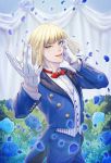  1boy blonde_hair blue_flower blue_pants blue_suit dated flower gloves green_eyes hand_on_own_cheek hand_up highres male_focus pants rook_hunt sagachin0124 smile solo standing twisted_wonderland vest white_gloves 