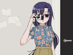  1girl blue_shirt blush brown_skirt camera door floral_print goshiki_agiri hand_up high-waist_skirt highres holding holding_camera kill_me_baby looking_at_viewer nadegata parted_lips purple_hair shirt short_sleeves skirt solo taking_picture upper_body violet_eyes 