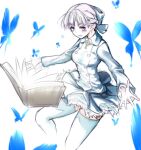  1girl alice_elliot book bow breasts bug butterfly buttons dress hair_bow looking_at_viewer mitsukuni open_mouth shadow_hearts short_hair silver_hair skirt solo thigh-highs white_legwear 