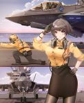  1boy 1girl absurdres aircraft airplane brown_eyes brown_hair fighter_jet gloves headphones headphones_around_neck highres impossible_clothes jet military military_vehicle multiple_views original pantyhose pencil_dress pencil_skirt pilot_suit salute senjouhara_nira shirt_tucked_in short_hair skirt 