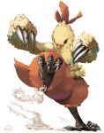  beak combusken commentary_request creature dust feathered_wings fighting_stance foot_up full_body gen_3_pokemon highres no_humans pokemon red_eyes signature simple_background standing standing_on_one_leg talons white_background wings yuyu_ekaki_dayo 