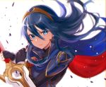  1girl black_gloves blue_eyes blue_hair cape closed_mouth falchion_(fire_emblem) fingerless_gloves fire_emblem fire_emblem_awakening gloves haru_(nakajou-28) holding holding_sword holding_weapon long_hair lucina lucina_(fire_emblem) solo sword tiara upper_body weapon 