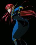  1girl ass black_background black_footwear black_gloves boots closed_mouth gloves haruyama_kazunori iczer-2 iczer_(series) long_hair looking_at_viewer pointy_ears red_eyes redhead simple_background solo tatakae!!_iczer-1 