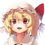  1girl :d absurdres blonde_hair boa_(brianoa) commentary english_commentary eyes_visible_through_hair fangs flandre_scarlet hat highres looking_at_viewer open_mouth pillow_hat red_eyes short_hair simple_background smile solo touhou twitter_username upper_body white_headwear wide-eyed wings 